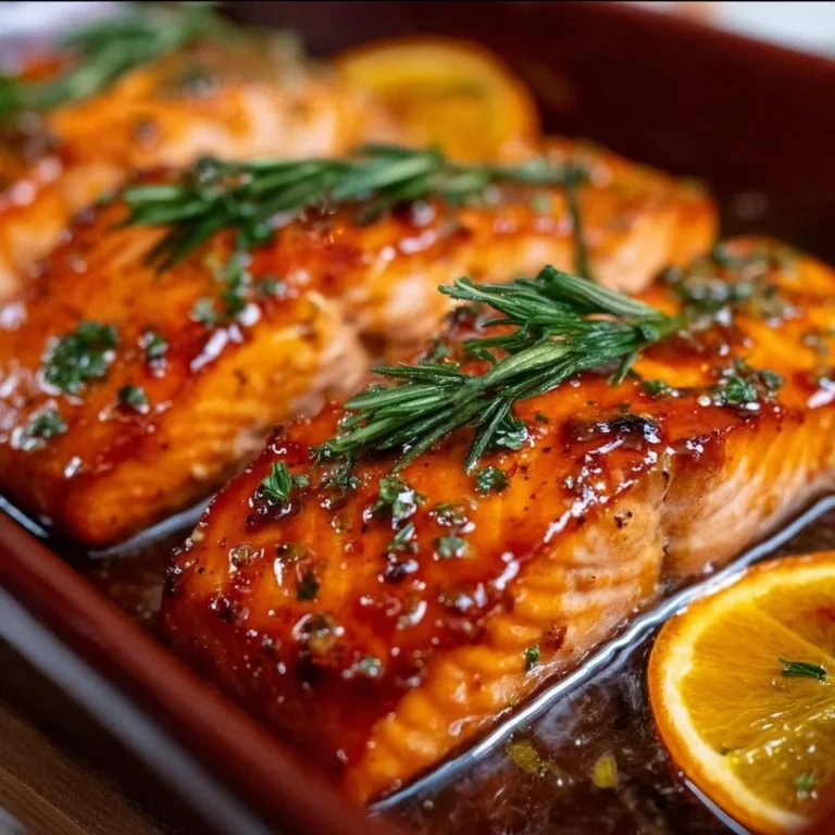 Delicious orange glazed salmon fillet drizzled with a citrusy sauce
