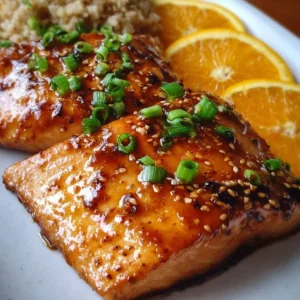 Orange Teriyaki Salmon Orange Teriyaki Salmon with vibrant glaze and herbs on a plate.