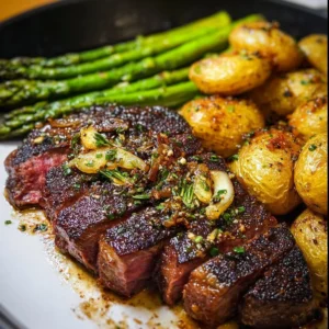 Pan-Fried Garlic Butter Steak with Crispy Potatoes and Asparagus Pan-fried garlic butter steak served with crispy potatoes and asparagus.