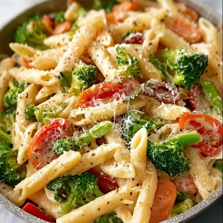 Colorful bowl of Pasta Primavera with fresh vegetables and herbs.