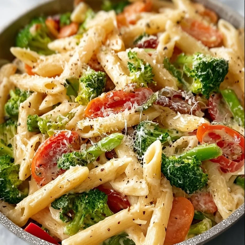 Colorful bowl of Pasta Primavera with fresh vegetables and herbs.