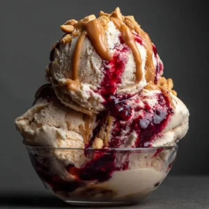 Delicious bowl of Peanut Butter Jelly Ice Cream with toppings