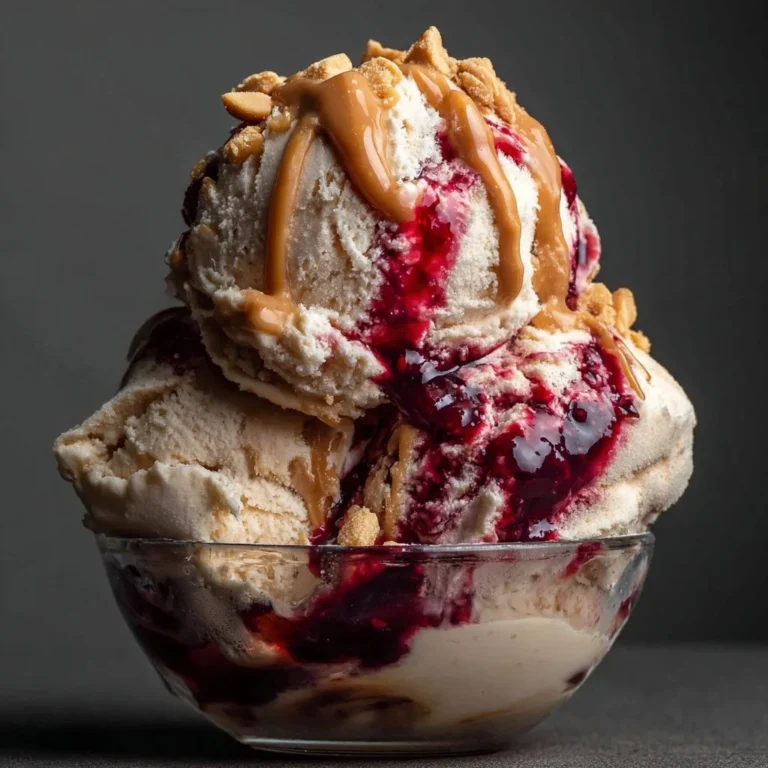 Delicious bowl of Peanut Butter Jelly Ice Cream with toppings