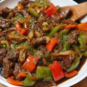 Delicious pepper steak served with peppers and spices on a plate