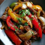 Delicious pepper steak served with colorful bell peppers and onions