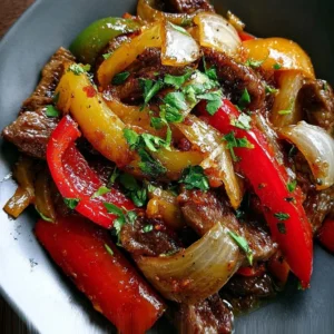 Delicious pepper steak served with colorful bell peppers and onions