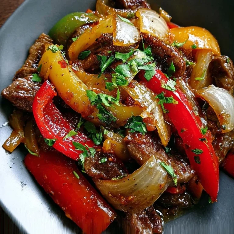 Delicious pepper steak served with colorful bell peppers and onions