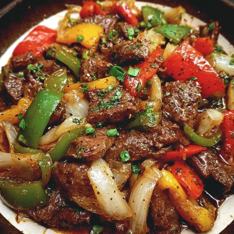 Delicious pepper steak served with colorful bell peppers and onion