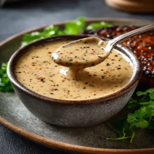 Peppercorn Sauce Delicious homemade peppercorn sauce served with steak on a plate.