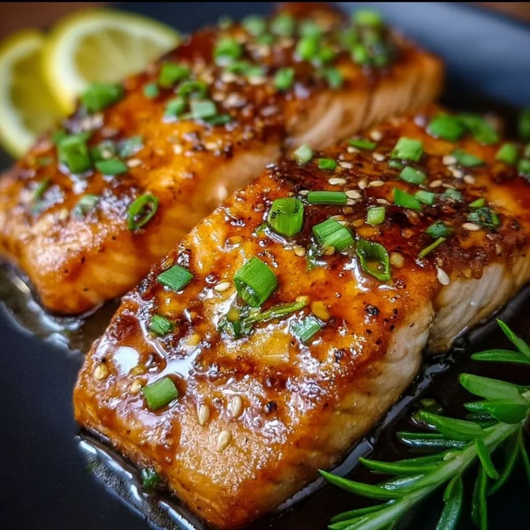 Crispy honey garlic salmon garnished with herbs on a plate.