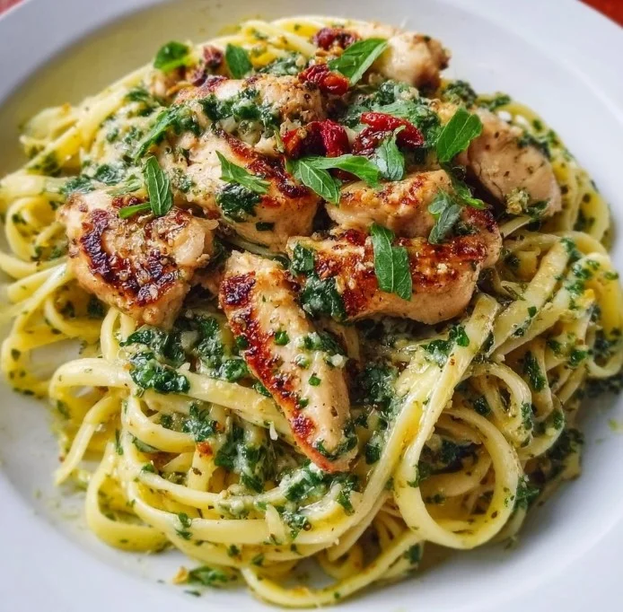Pesto pasta with chicken garnished with fresh basil and parmesan cheese.