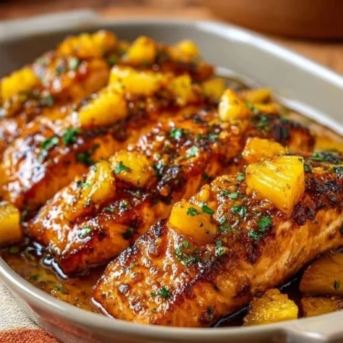 Pineapple Glazed Salmon Pineapple Glazed Salmon with vibrant pineapple sauce and garnish