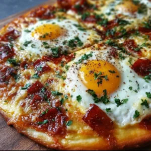Pizza egg topped with a perfectly cooked egg and cheese.