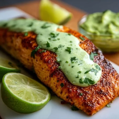 Quick baked Cajun salmon fillet with avocado lime sauce on a white plate.