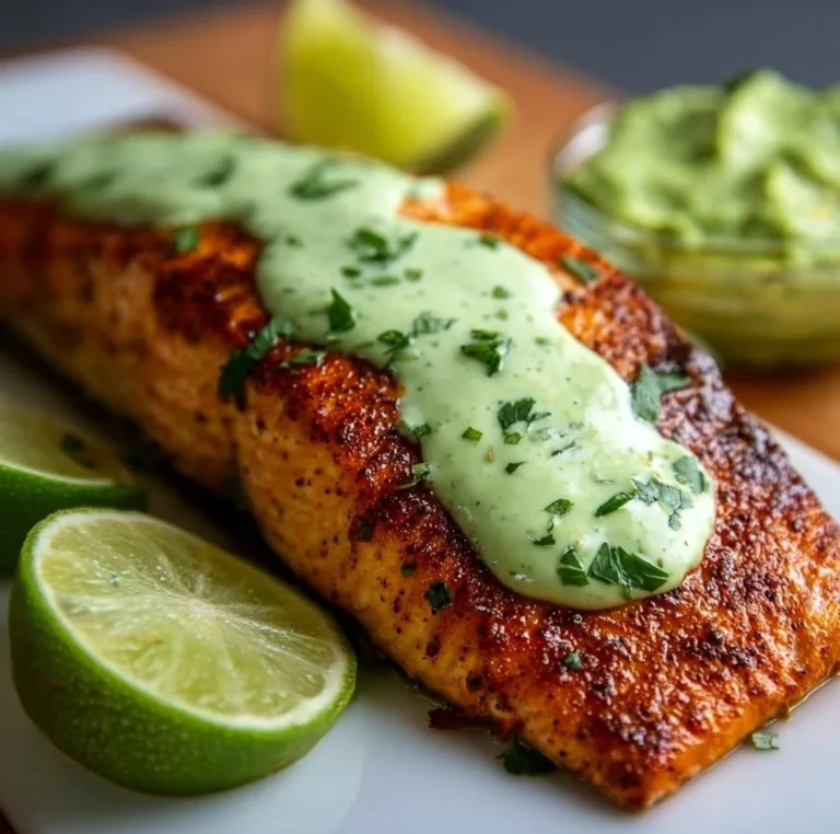 Quick baked Cajun salmon fillet with avocado lime sauce on a white plate.