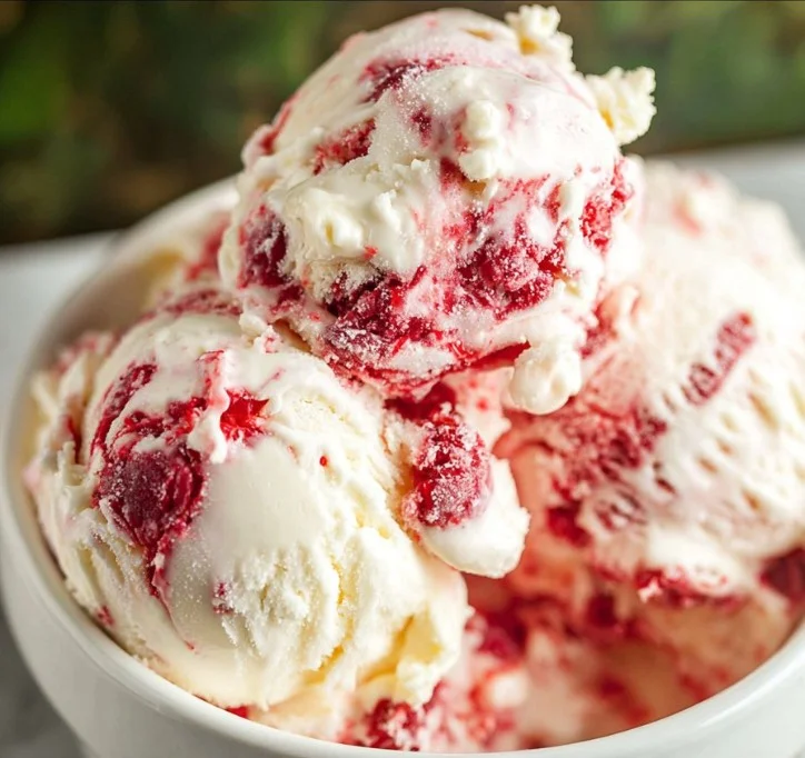 A bowl of Raspberry White Chocolate Chip Ice Cream topped with fresh raspberries and white chocolate chips.