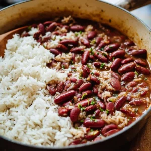 Delicious bowl of red beans and rice garnished with herbs and spices