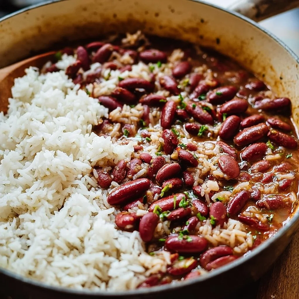 Delicious bowl of red beans and rice garnished with herbs and spices