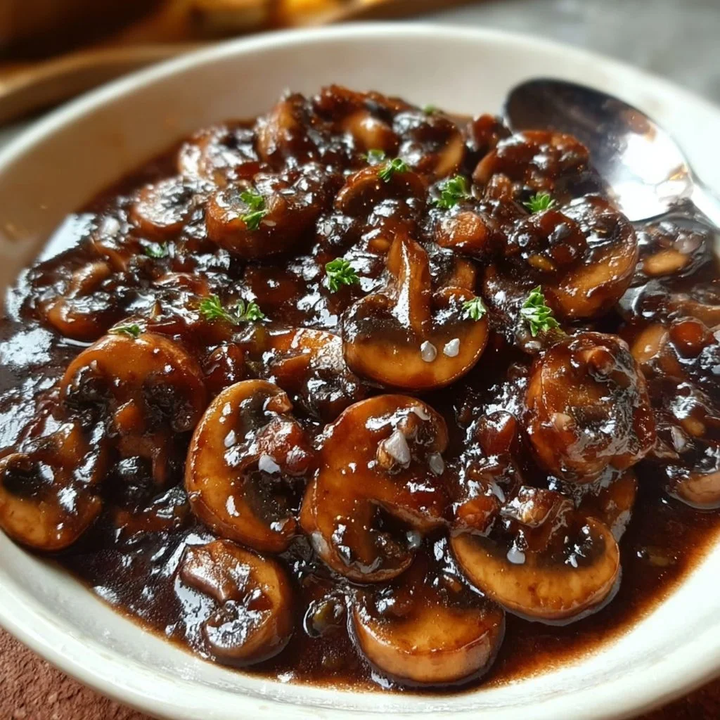 Red wine mushroom sauce served over pasta with fresh herbs