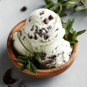 Bowl of refreshing mint chocolate chip ice cream topped with chocolate chips
