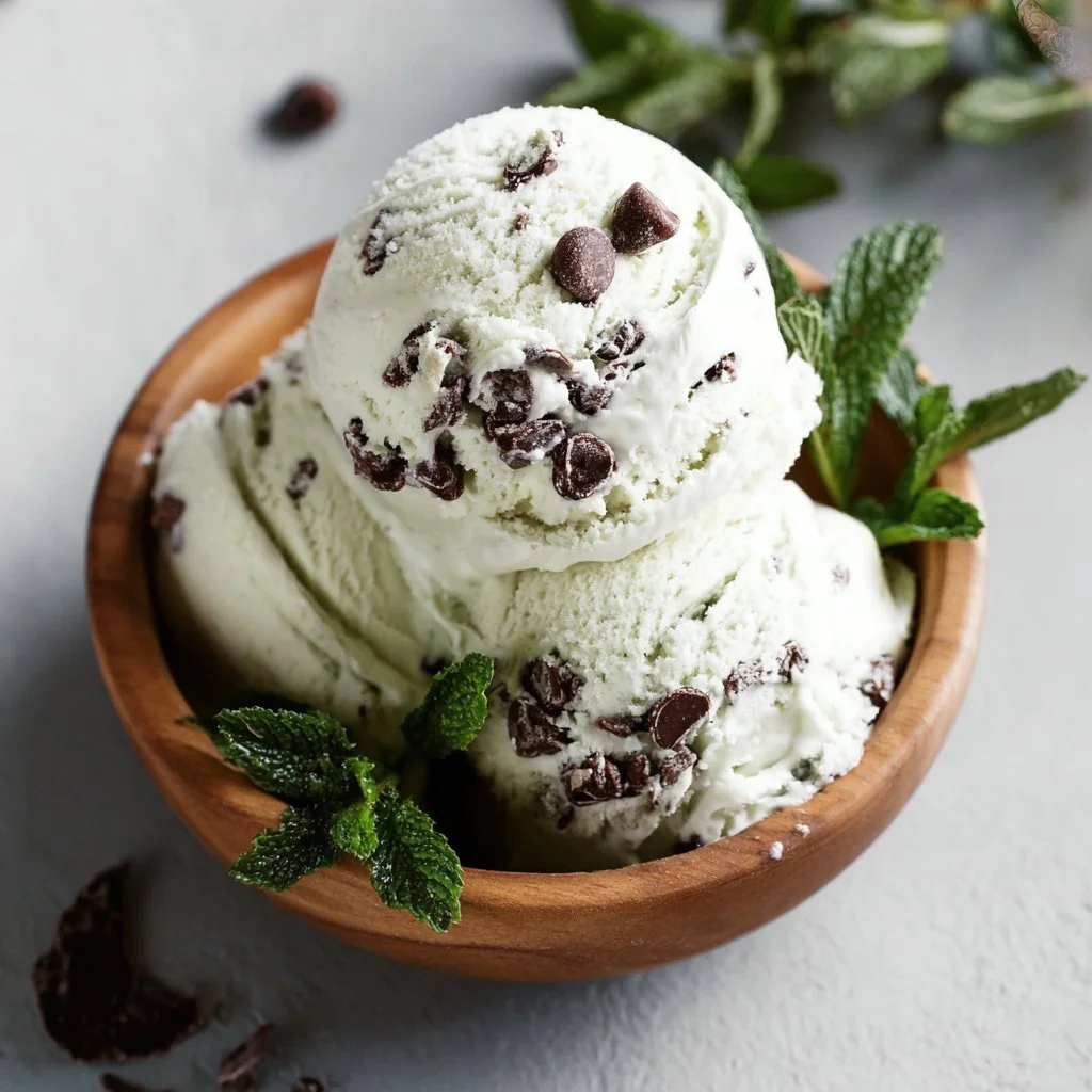 Bowl of refreshing mint chocolate chip ice cream topped with chocolate chips