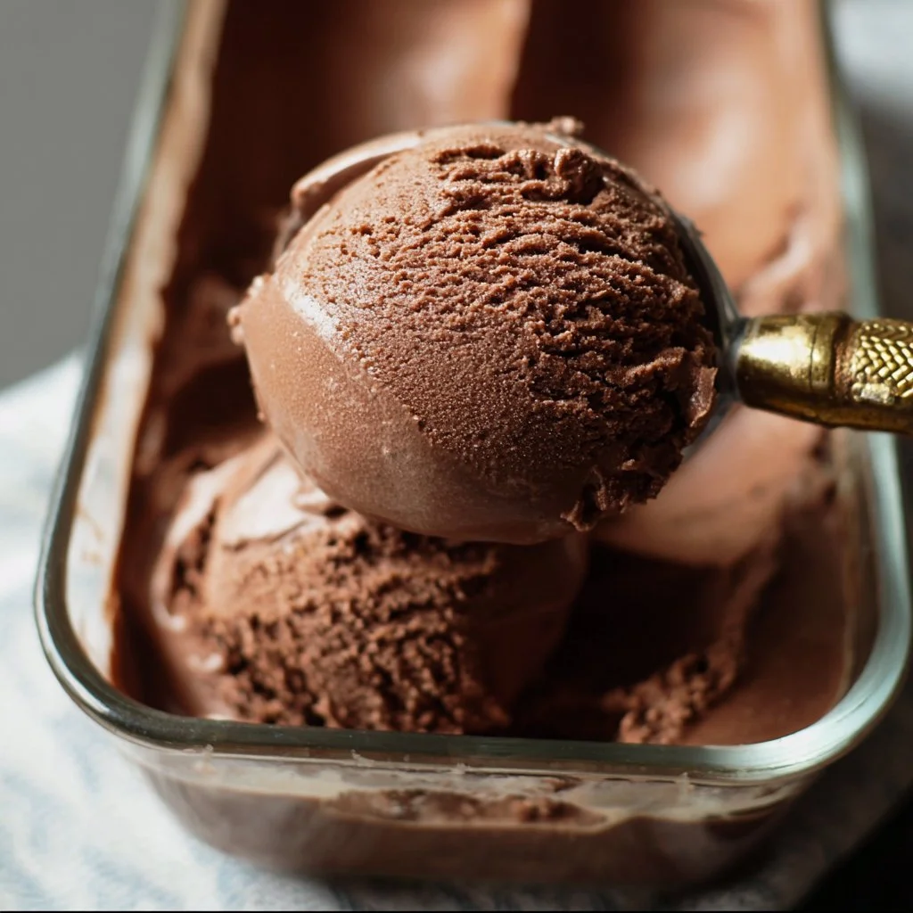 Delicious rich chocolate ice cream served in a bowl topped with chocolate shavings.