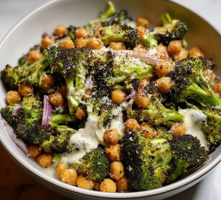 Roasted broccoli chickpea salad with tahini-Parmesan dressing in a bowl