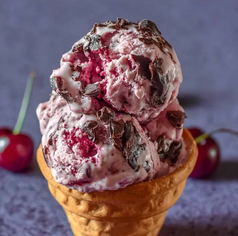 Roasted cherry ice cream topped with dark chocolate crackle dessert