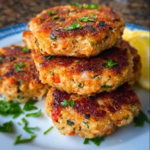 Salmon Patties Delicious homemade salmon patties served with fresh herbs and lemon.