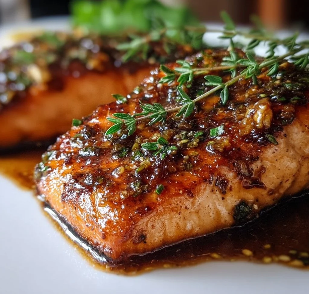 Delicious salmon fillet glazed with brown sugar and garlic sauce