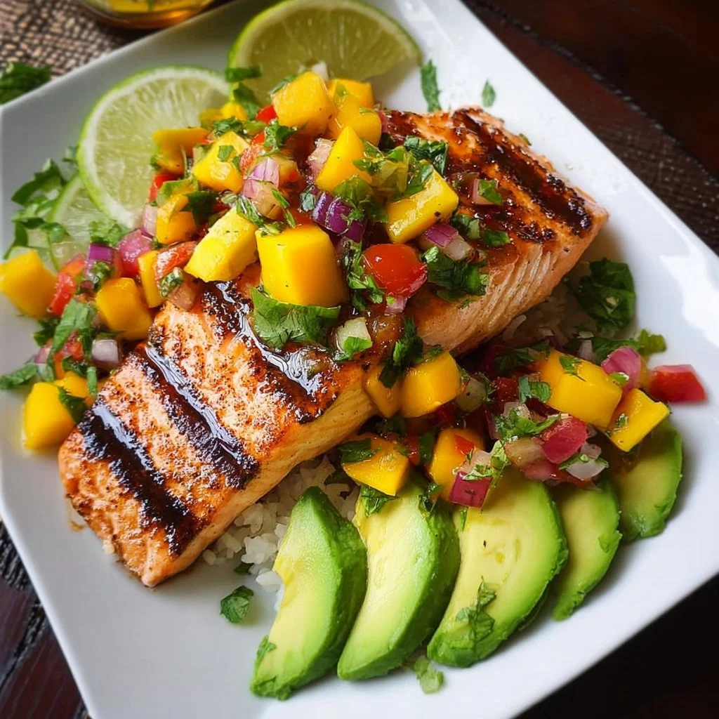 Grilled salmon topped with fresh mango salsa on a plate