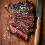 Perfectly cooked salt and pepper rib eye steak on a plate