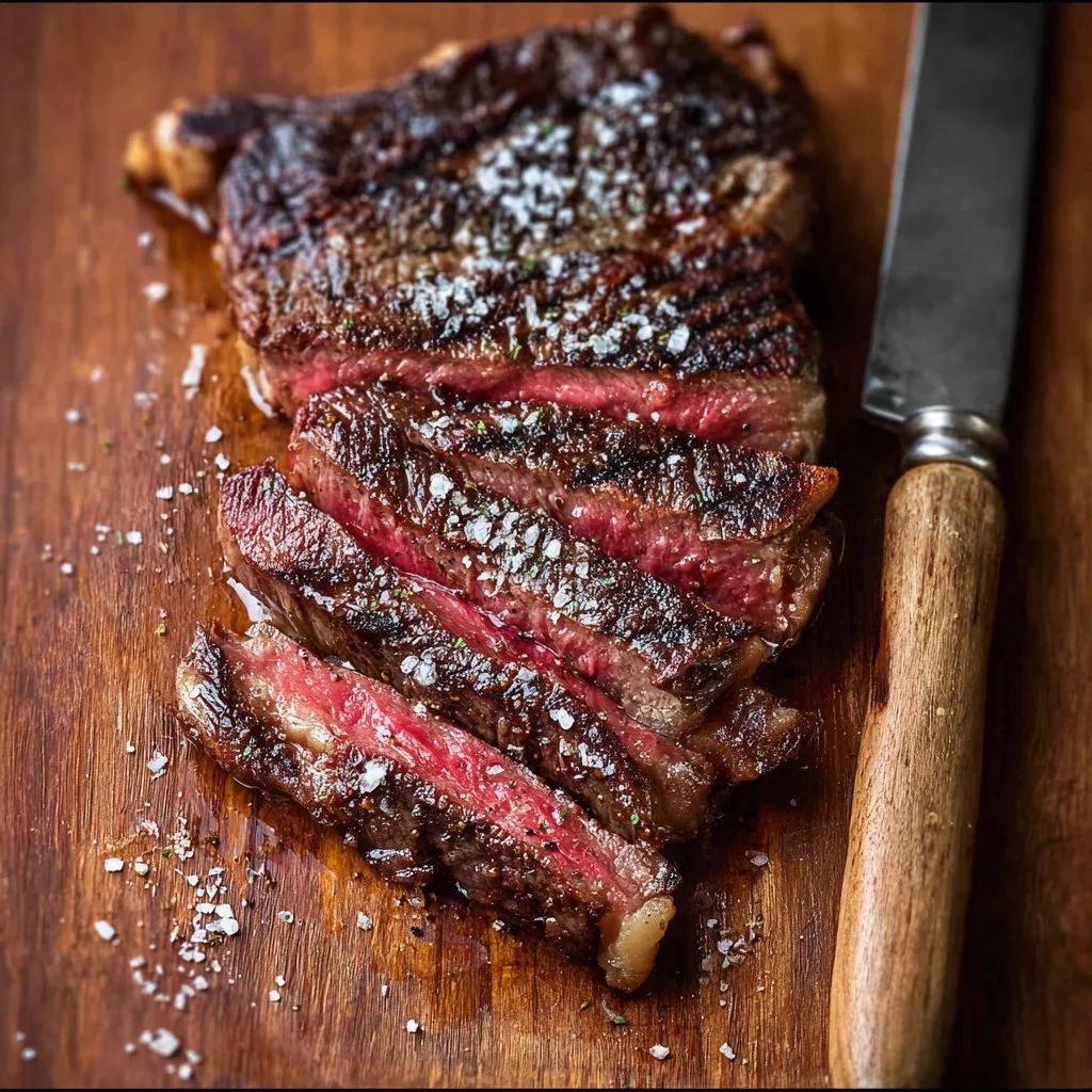 Perfectly cooked salt and pepper rib eye steak on a plate