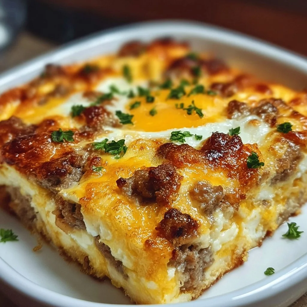 Sausage and Egg Casserole baked and served in a dish