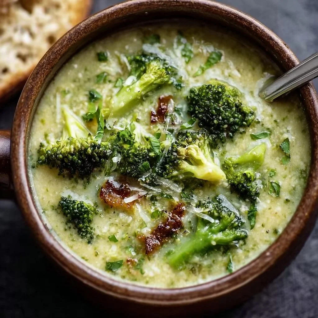 Delicious bowl of Garlic Italian Broccoli Soup topped with herbs