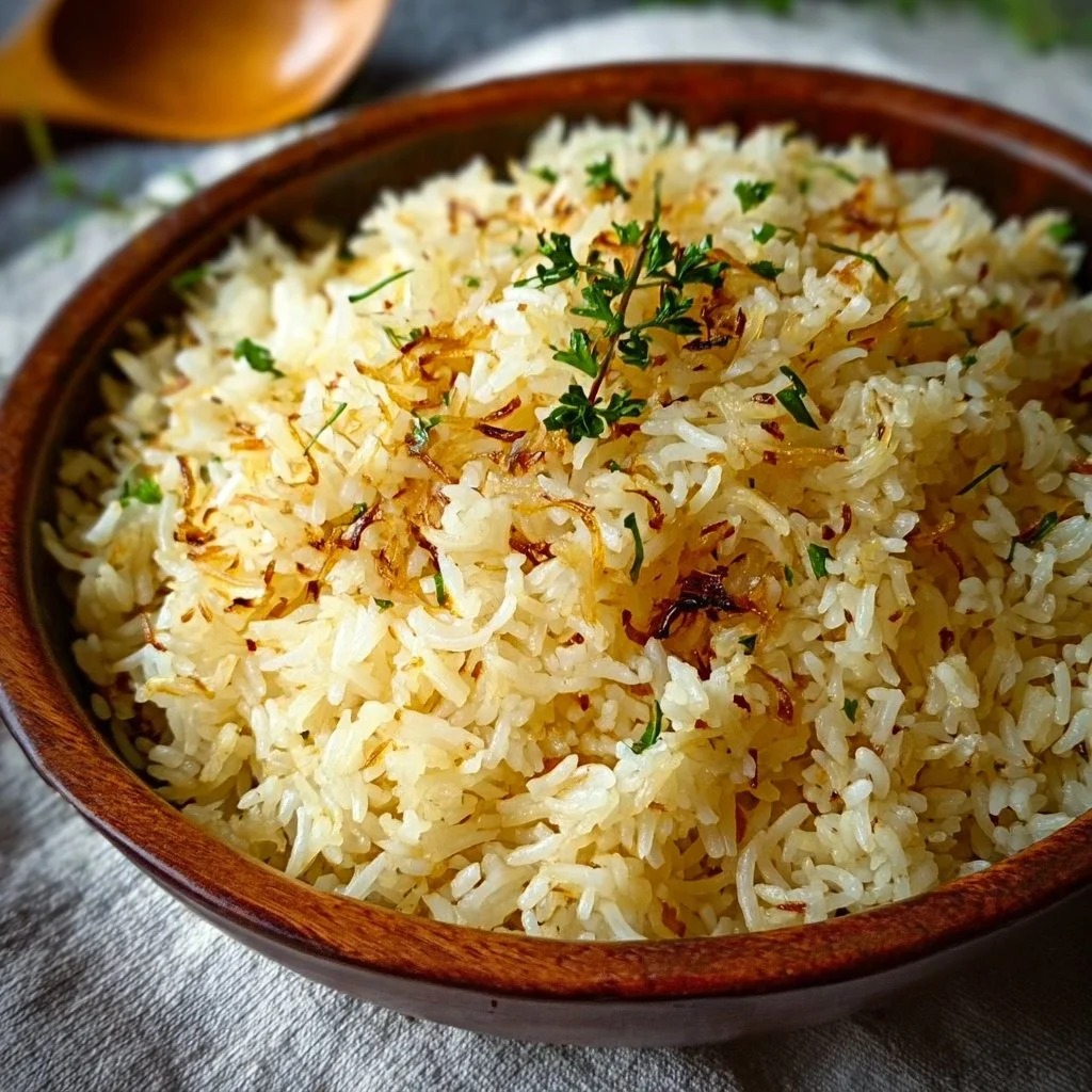 Savory golden onion butter jasmine rice served in a bowl