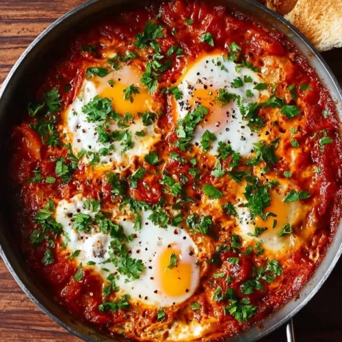 A vibrant plate of shakshuka with poached eggs in spicy tomato sauce and herbs.