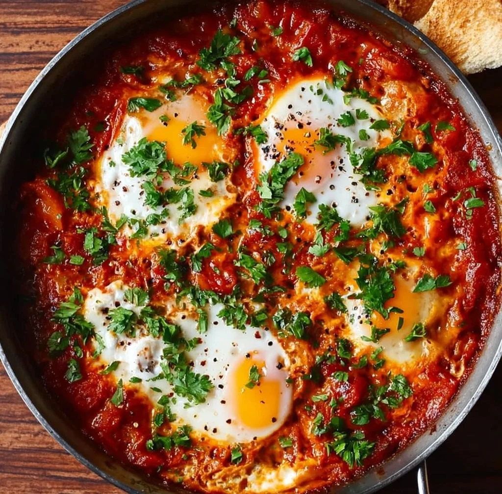 A vibrant plate of shakshuka with poached eggs in spicy tomato sauce and herbs.