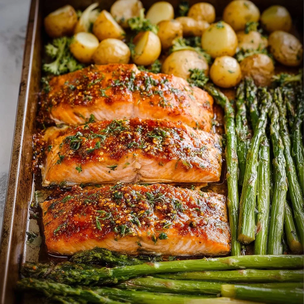 Sheet pan with Maple Dijon Glazed Salmon and colorful vegetables.