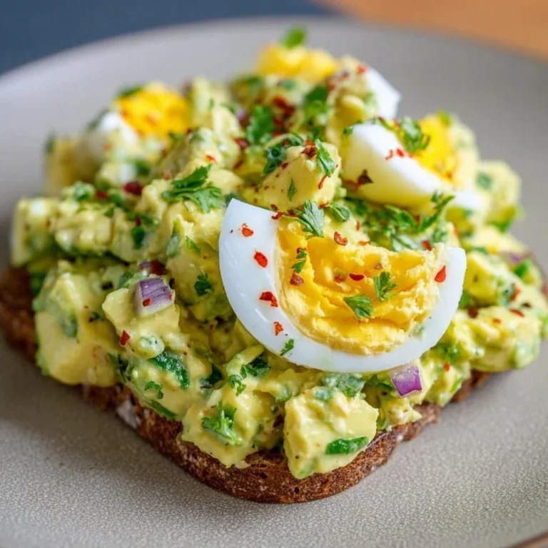 Delicious Mediterranean avocado egg salad in a bowl, garnished with herbs.