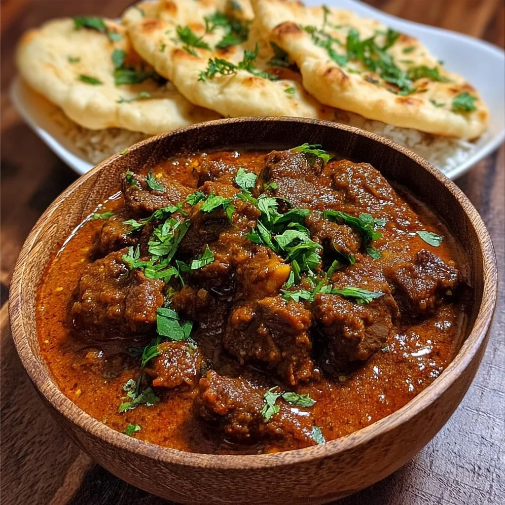 Slow cooker Indian beef curry served with rice