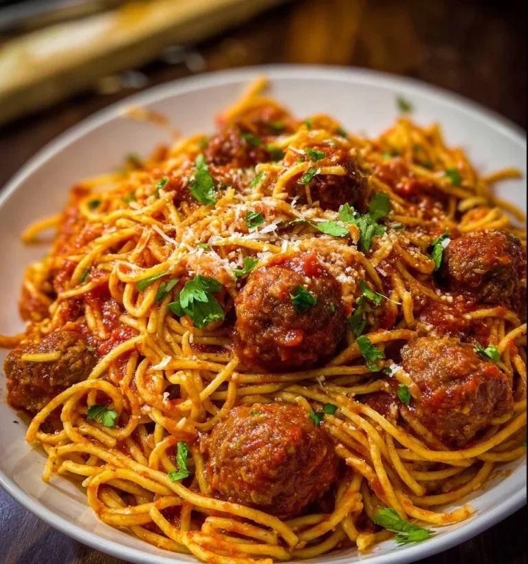 A delicious plate of spaghetti and meatballs garnished with parsley and parmesan cheese.