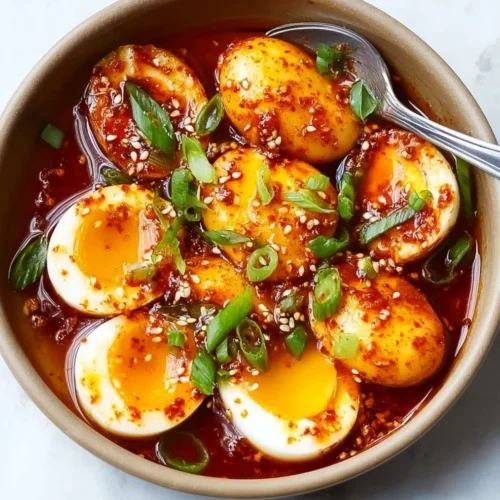 Delicious spicy gochujang eggs garnished and served on a plate.