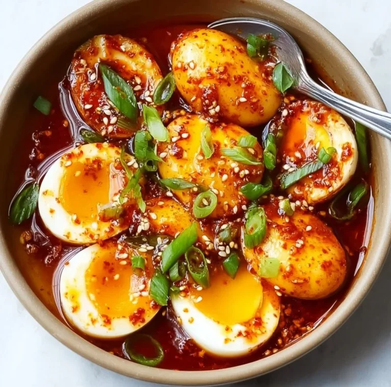 Delicious spicy gochujang eggs garnished and served on a plate.