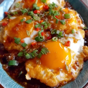 Spicy Sweet and Sour Fried Eggs in 10 Minutes! Spicy Sweet and Sour Fried Eggs plated and ready to serve in under 10 minutes.