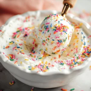 Colorful Sprinkle Geburtstagstorte with vanilla ice cream topping