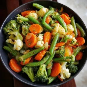 A colorful medley of steamed vegetables including broccoli, carrots, and bell peppers.