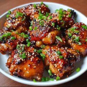 Sticky Korean-Style Chicken Thighs (Oven) Oven-baked sticky Korean-style chicken thighs garnished with sesame seeds.