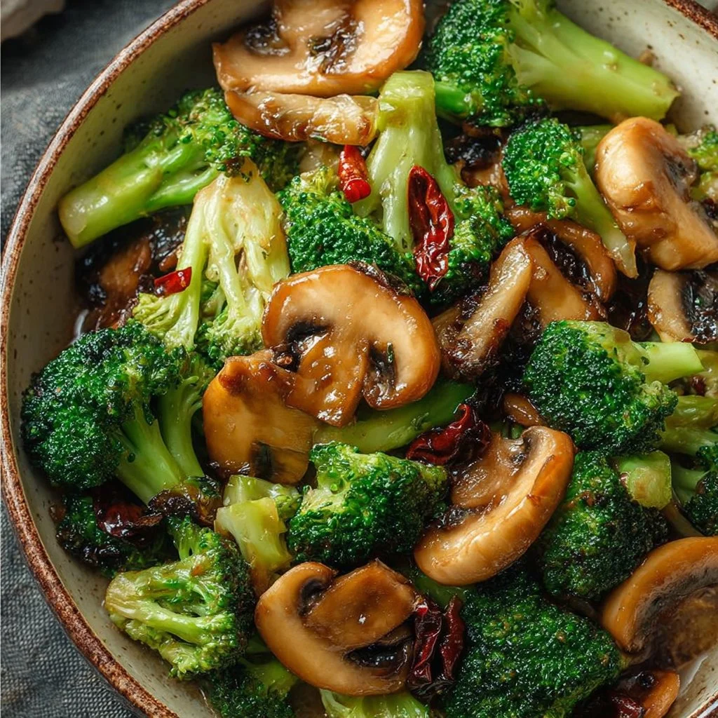 Delicious stir-fry with broccoli and mushrooms prepared in a skillet.