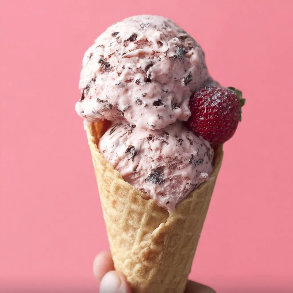 Delicious strawberry chocolate chip ice cream served in a bowl